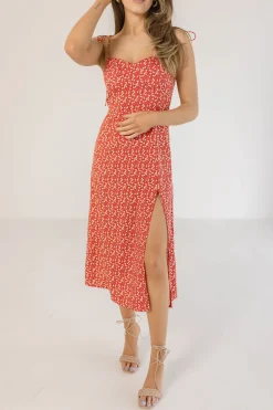 Farrah Sleeveless Shoulder Tie Floral Print Midi Dress Red