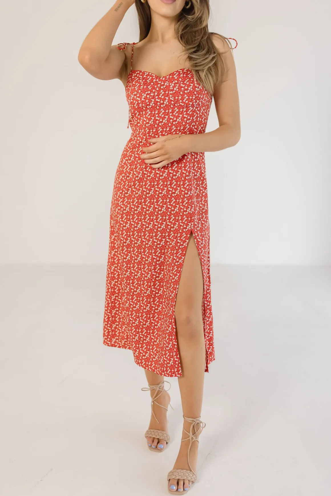 Farrah Sleeveless Shoulder Tie Floral Print Midi Dress Red