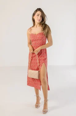 Farrah Sleeveless Shoulder Tie Floral Print Midi Dress Red