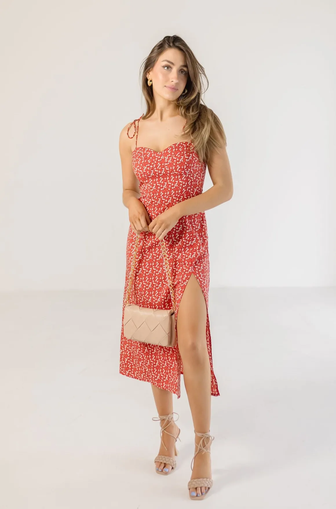 Farrah Sleeveless Shoulder Tie Floral Print Midi Dress Red