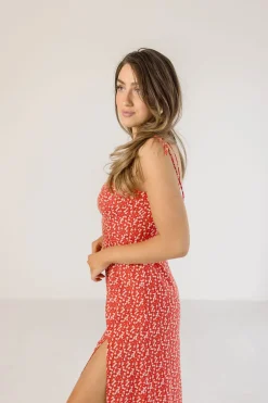 Farrah Sleeveless Shoulder Tie Floral Print Midi Dress Red