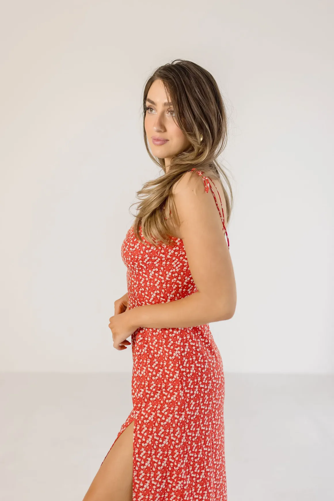 Farrah Sleeveless Shoulder Tie Floral Print Midi Dress Red