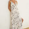 Faye Sleeveless Back Tie Palm Print Linen Maxi Dress White