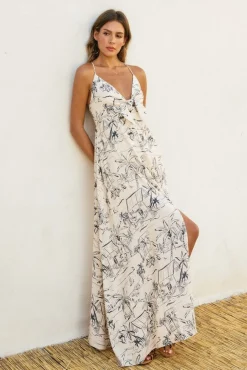 Faye Sleeveless Back Tie Palm Print Linen Maxi Dress White