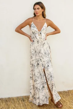 Faye Sleeveless Back Tie Palm Print Linen Maxi Dress White