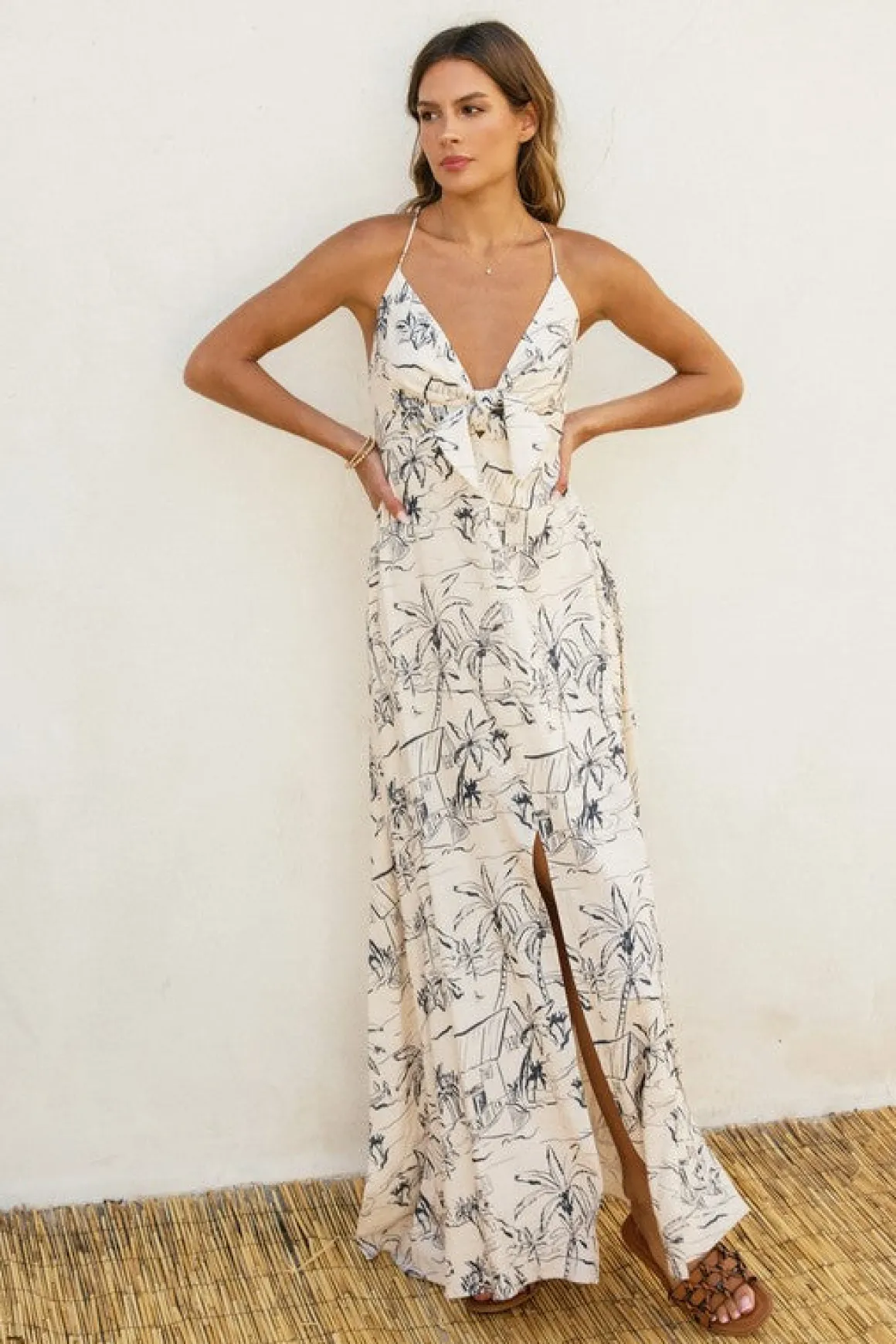 Faye Sleeveless Back Tie Palm Print Linen Maxi Dress White