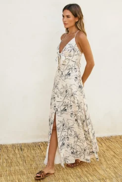 Faye Sleeveless Back Tie Palm Print Linen Maxi Dress White