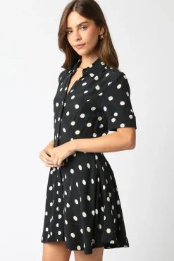 Felicia Short Sleeve Button Down Polka Dot Mini Dress Black