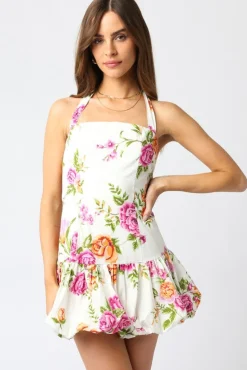 Felicity Sleeveless Halter Tie Floral Print Mini Dress White