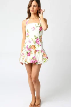 Felicity Sleeveless Halter Tie Floral Print Mini Dress White