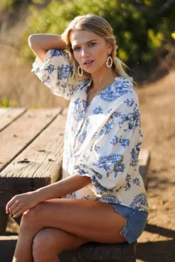 Florence Balloon Sleeve Button Down Printed Top Blue