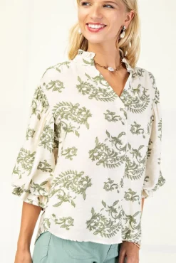 Florence Balloon Sleeve Button Down Printed Top Sage