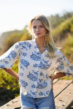Florence Balloon Sleeve Button Down Printed Top Blue