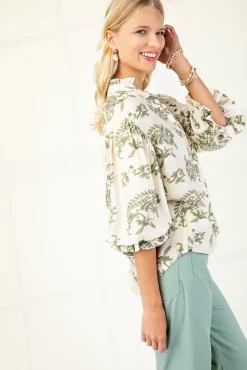 Florence Balloon Sleeve Button Down Printed Top Sage