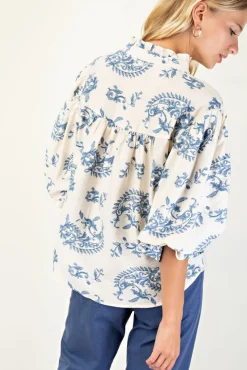 Florence Balloon Sleeve Button Down Printed Top Blue