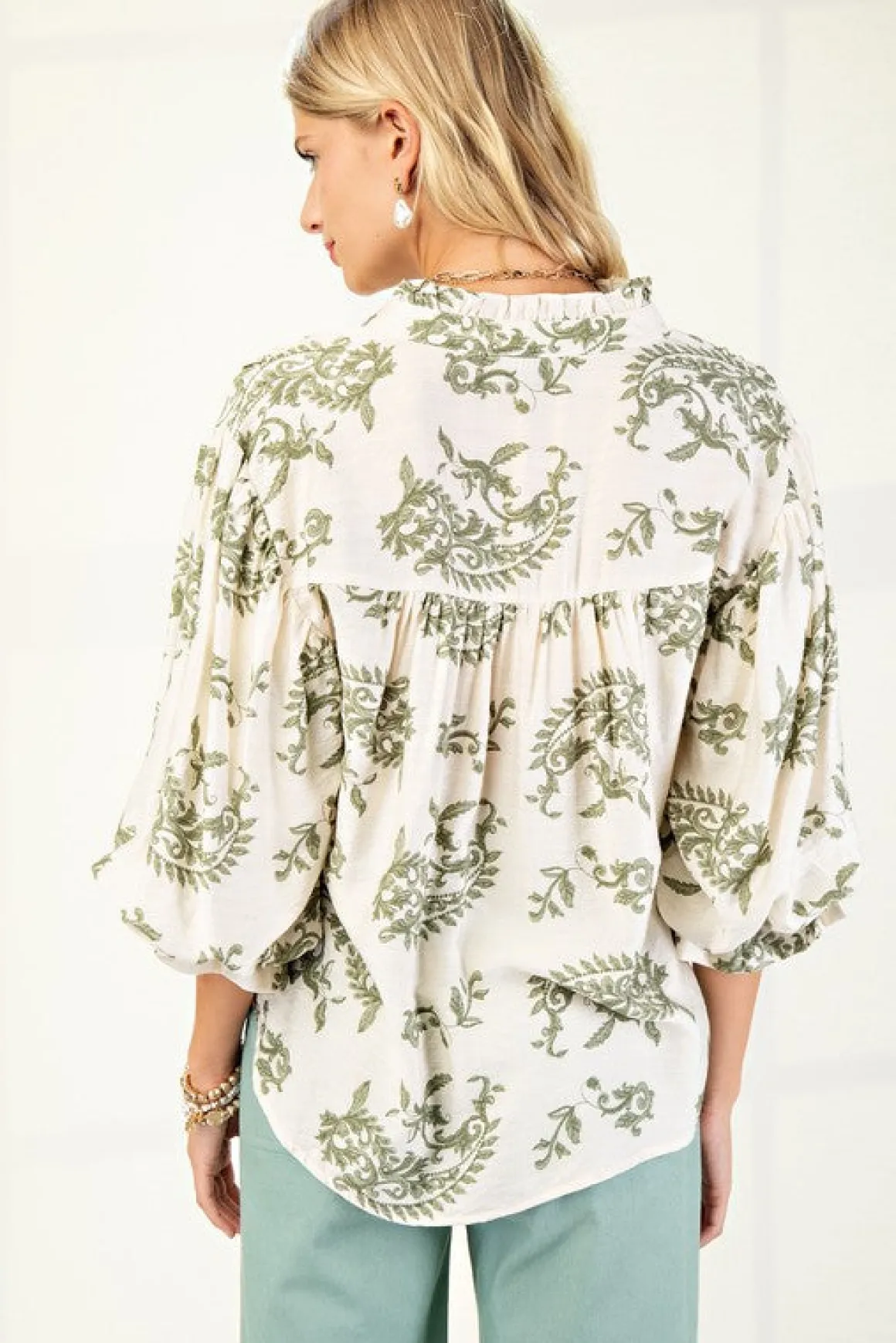 Florence Balloon Sleeve Button Down Printed Top Sage
