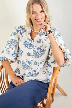 Florence Balloon Sleeve Button Down Printed Top Blue