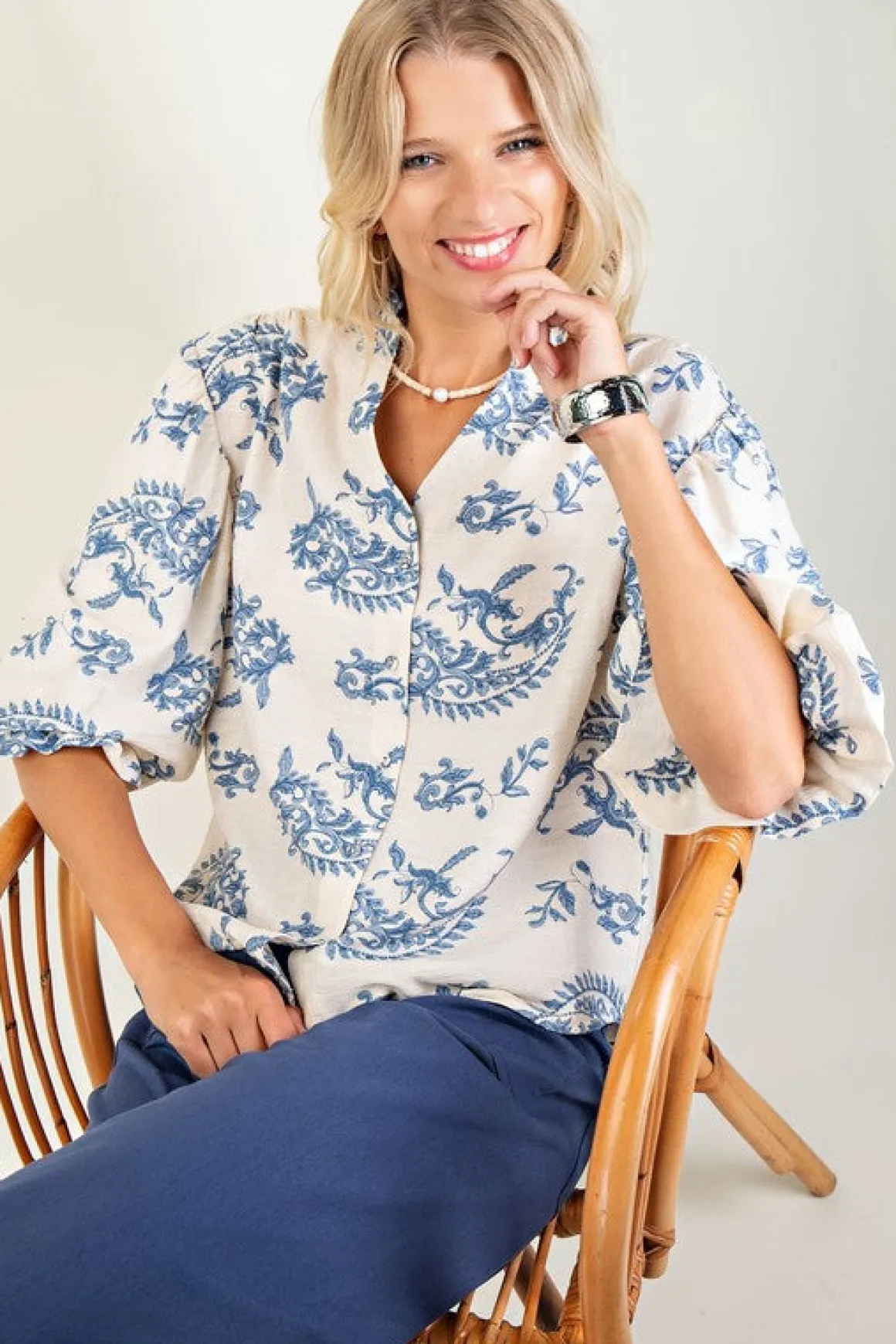 Florence Balloon Sleeve Button Down Printed Top Blue