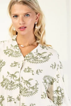 Florence Balloon Sleeve Button Down Printed Top Sage