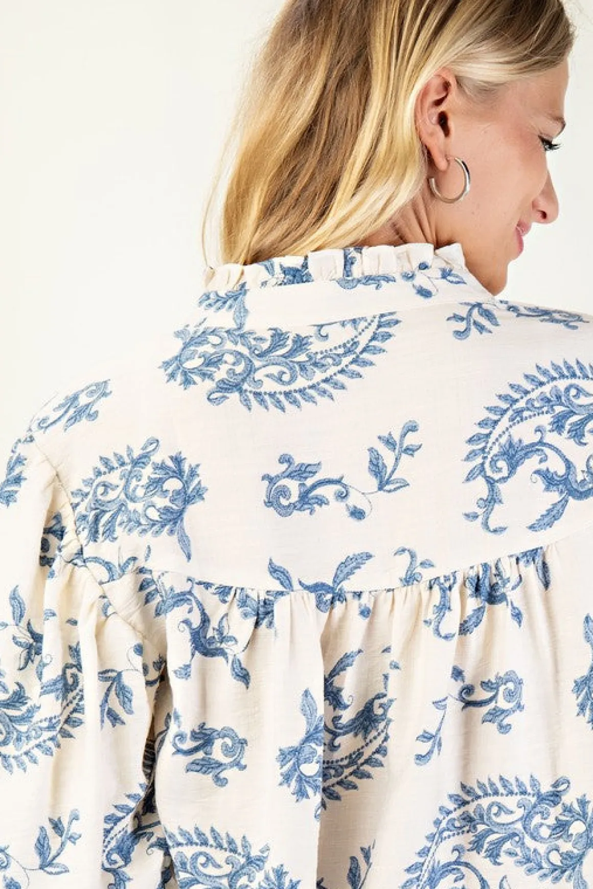 Florence Balloon Sleeve Button Down Printed Top Blue
