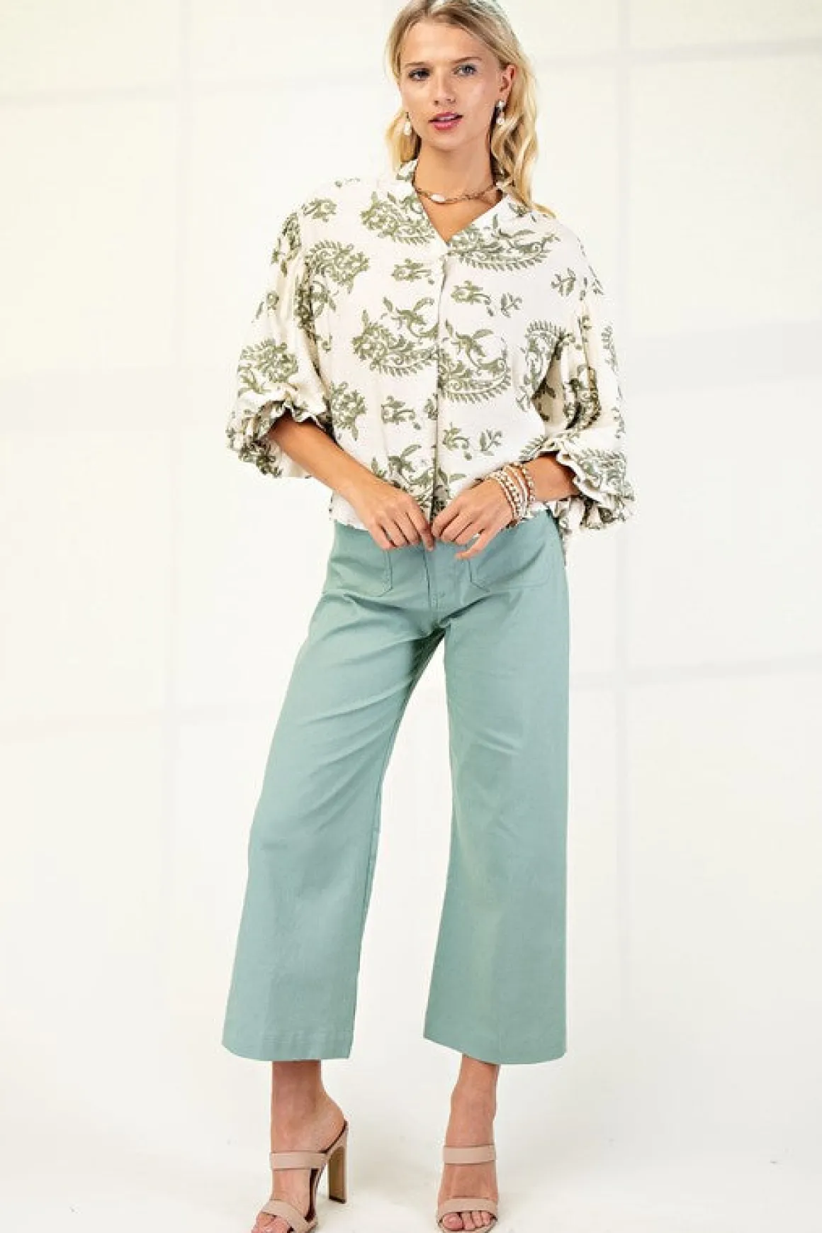 Florence Balloon Sleeve Button Down Printed Top Sage