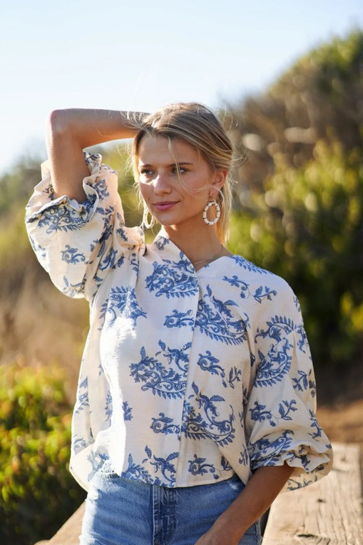 Florence Balloon Sleeve Button Down Printed Top Blue