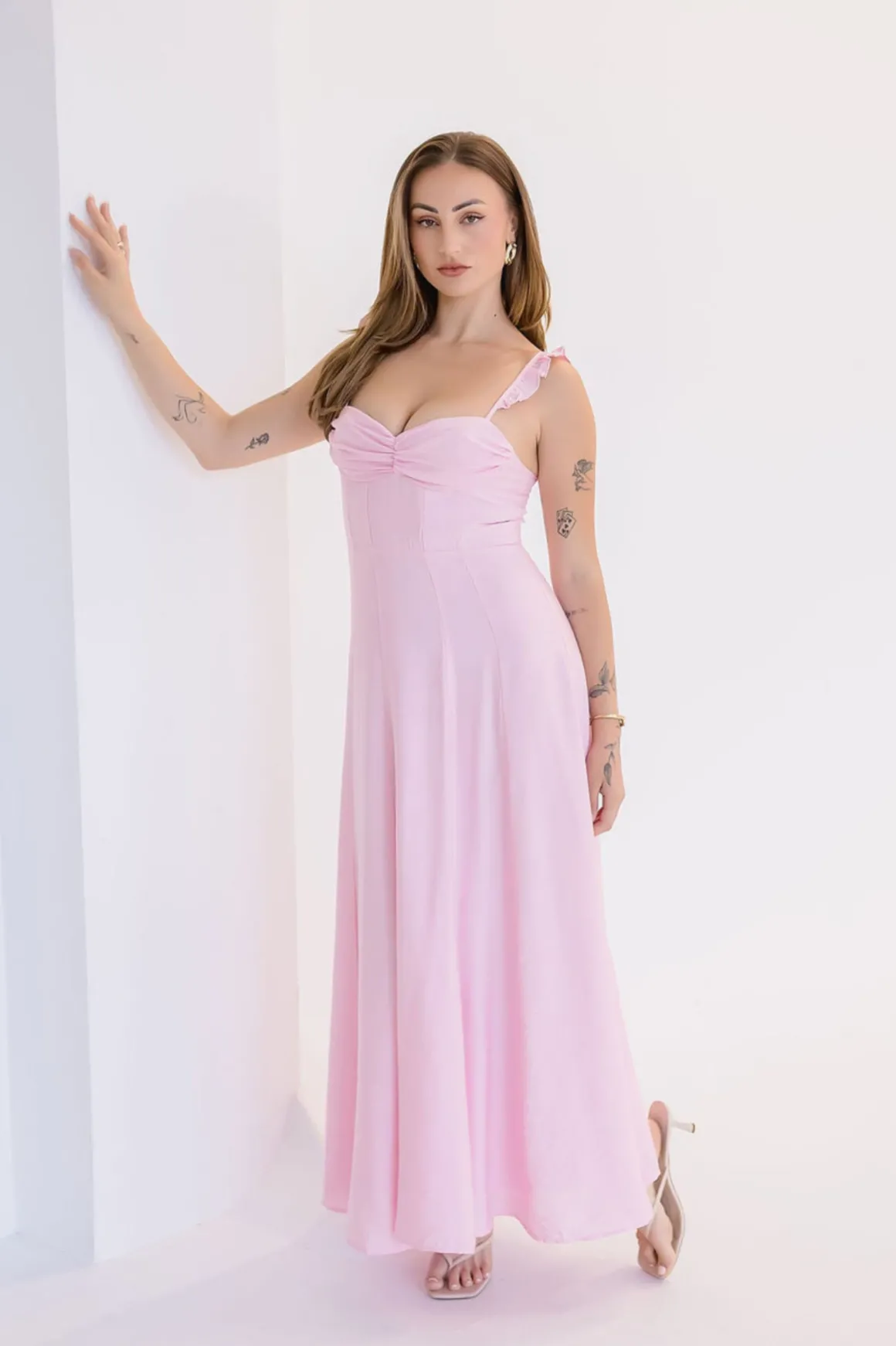 Francesca Sleeveless Ruffle Shoulder Maxi Dress Pink