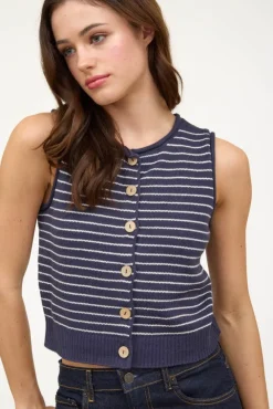 Frankie Sleeveless Button Down Stripe Print Sweater Vest Navy