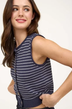 Frankie Sleeveless Button Down Stripe Print Sweater Vest Navy