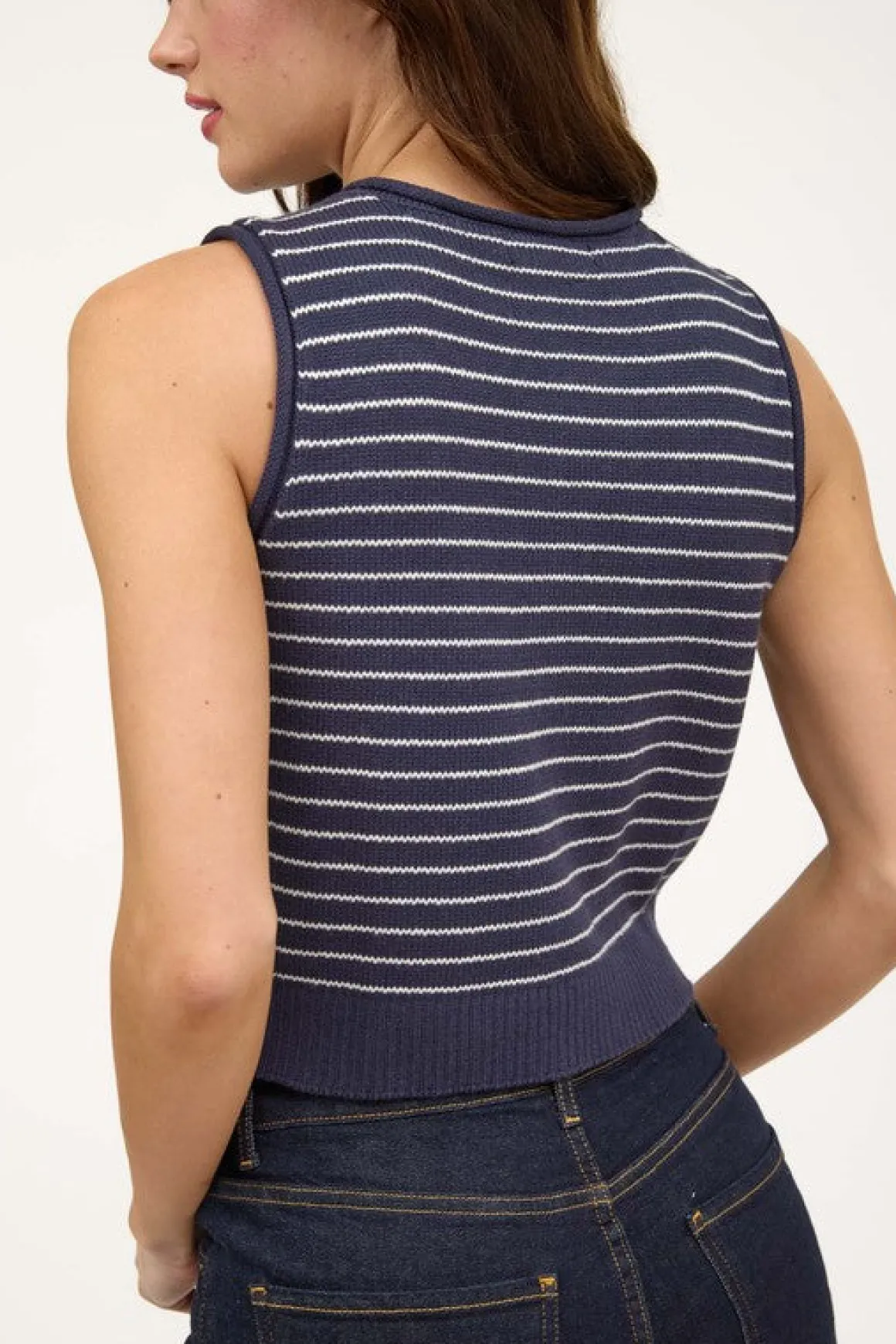 Frankie Sleeveless Button Down Stripe Print Sweater Vest Navy