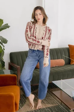 Gabby Long Sleeve Button Down Floral Print Knit Cardigan Taupe