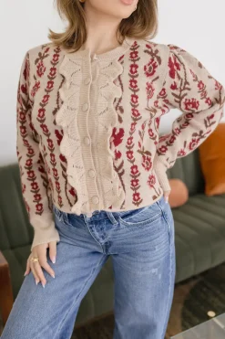 Gabby Long Sleeve Button Down Floral Print Knit Cardigan Taupe