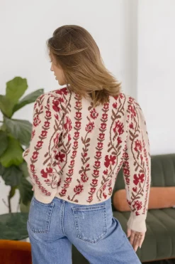 Gabby Long Sleeve Button Down Floral Print Knit Cardigan Taupe
