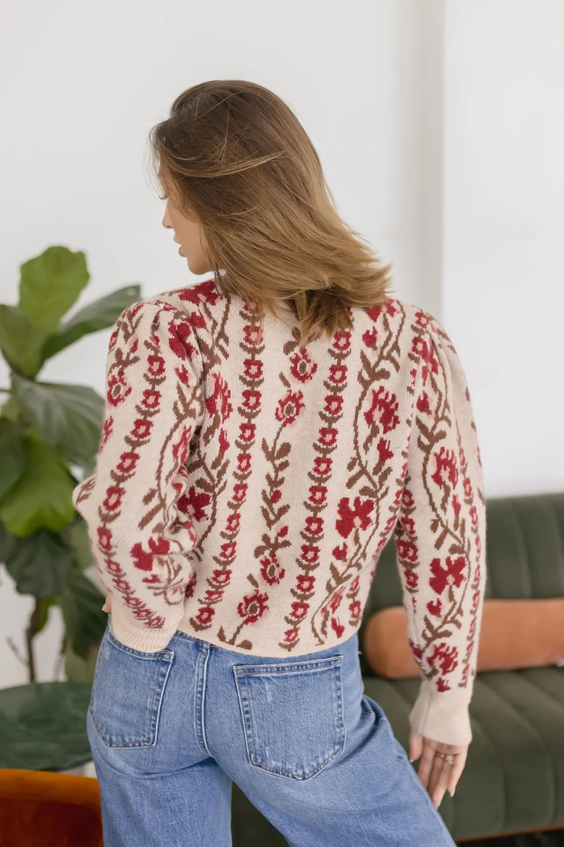 Gabby Long Sleeve Button Down Floral Print Knit Cardigan Taupe