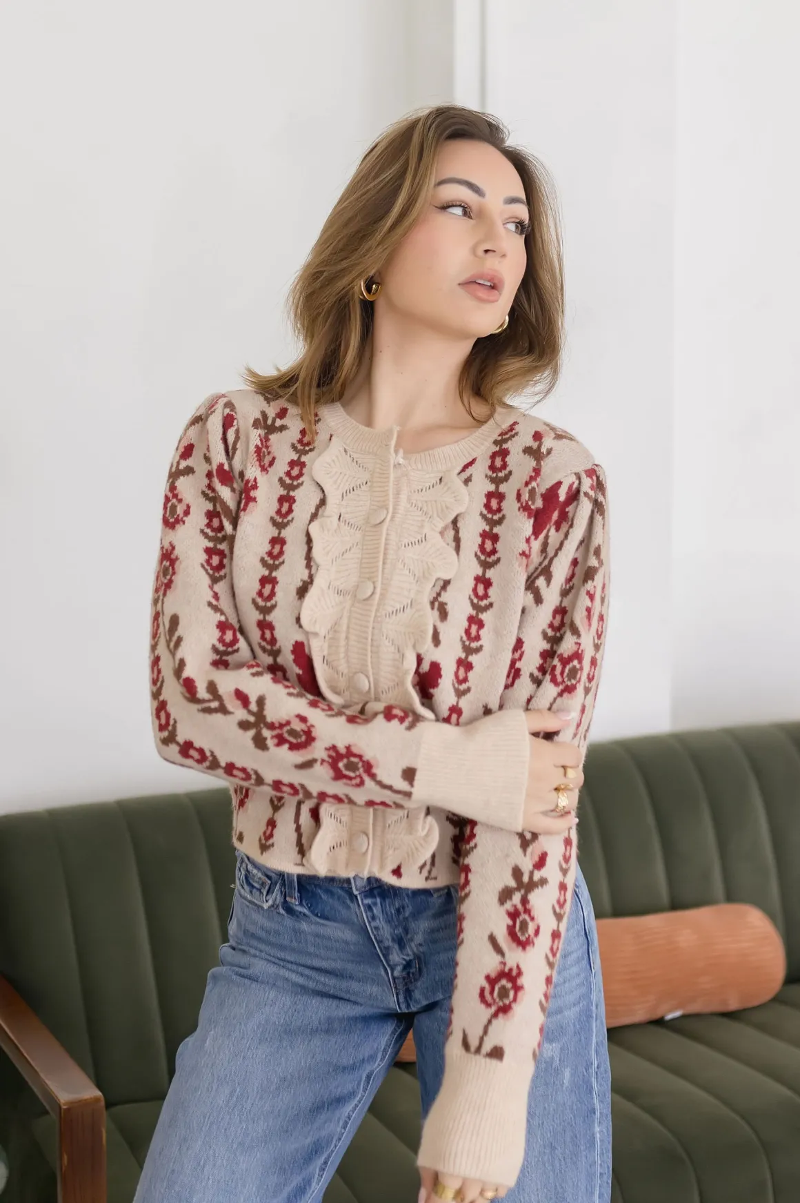 Gabby Long Sleeve Button Down Floral Print Knit Cardigan Taupe