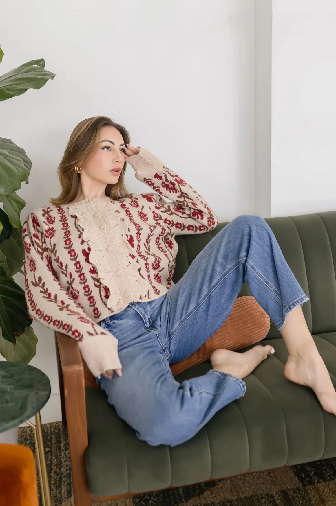 Gabby Long Sleeve Button Down Floral Print Knit Cardigan Taupe