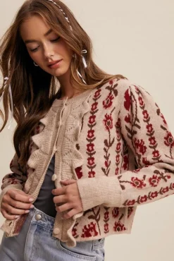 Gabby Long Sleeve Button Down Floral Print Knit Cardigan Taupe