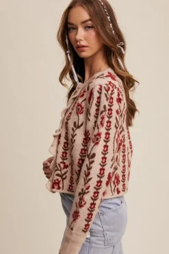 Gabby Long Sleeve Button Down Floral Print Knit Cardigan Taupe