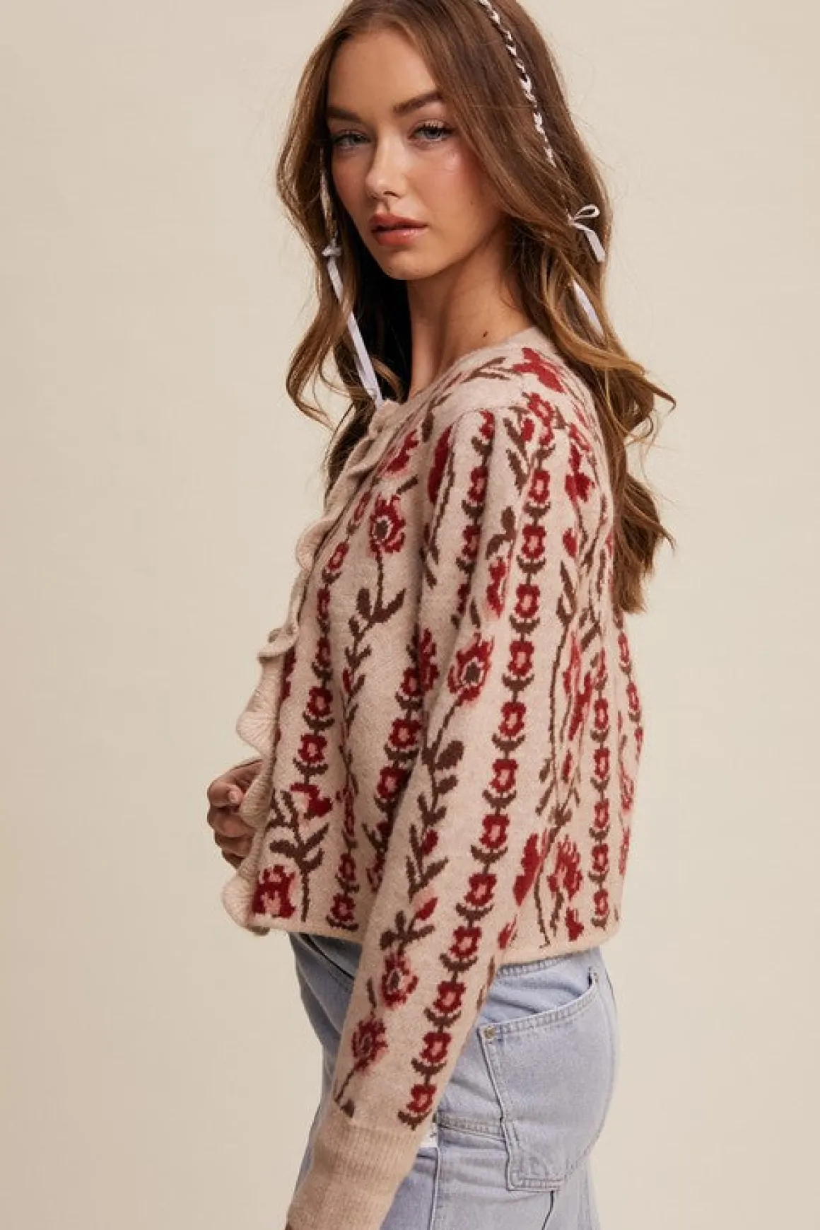 Gabby Long Sleeve Button Down Floral Print Knit Cardigan Taupe