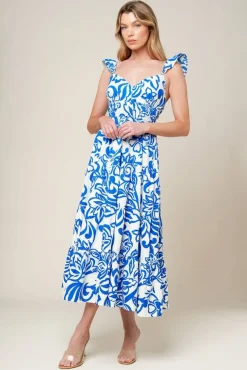 Gemma Ruffle Sleeve Floral Print Midi Dress Blue