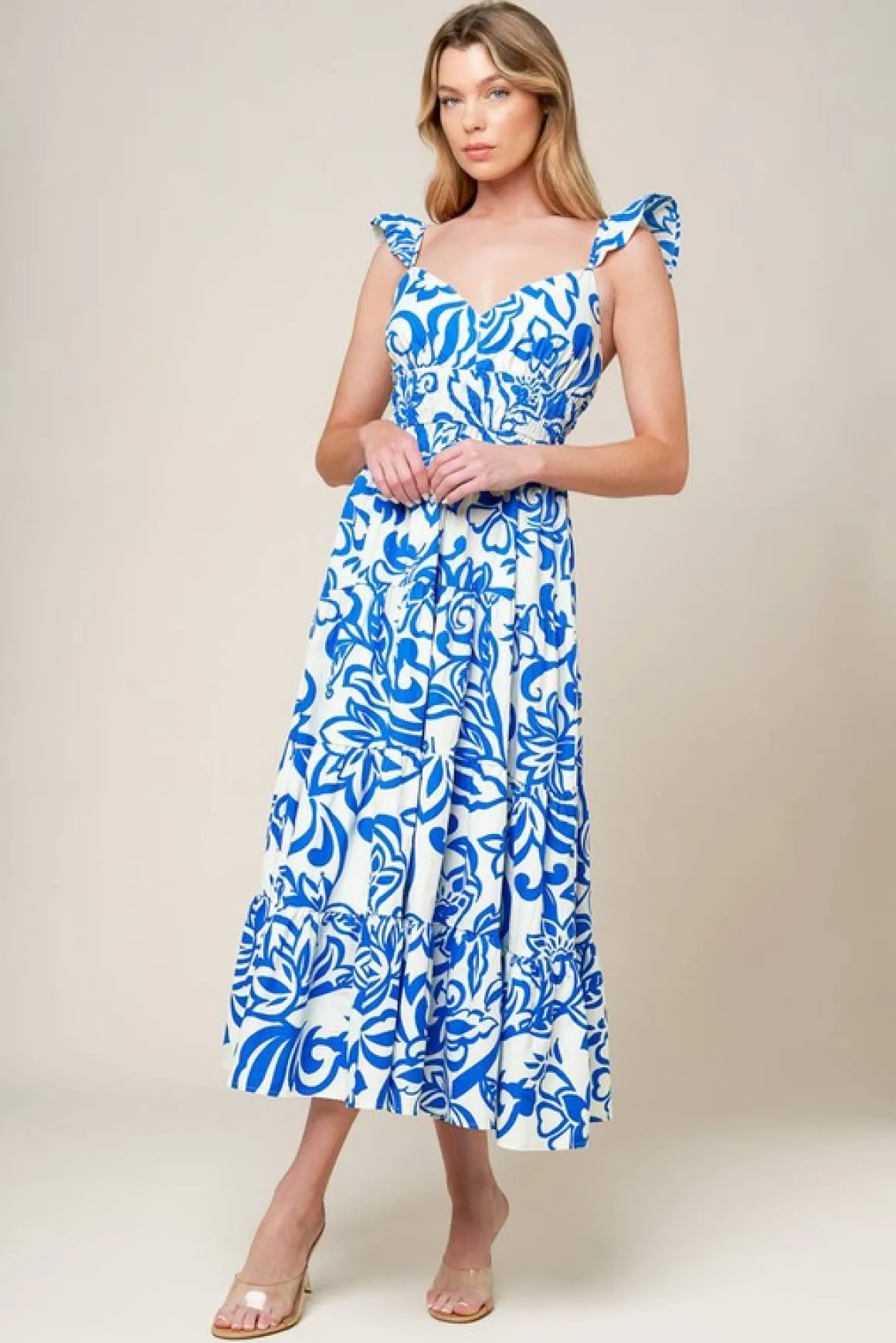 Gemma Ruffle Sleeve Floral Print Midi Dress Blue