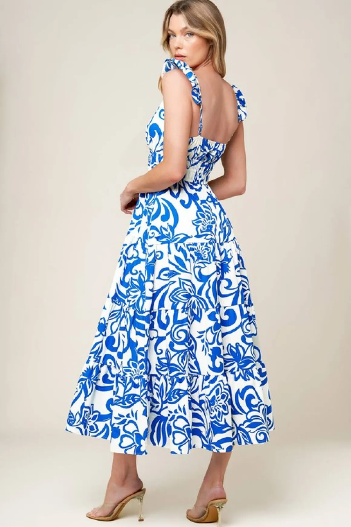 Gemma Ruffle Sleeve Floral Print Midi Dress Blue