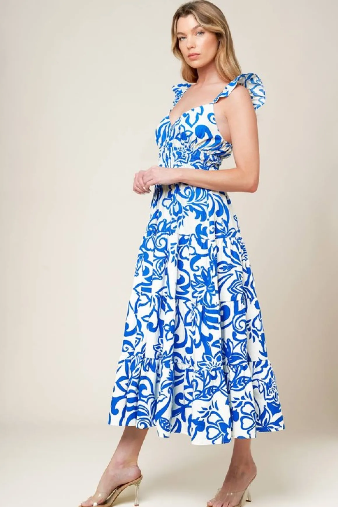 Gemma Ruffle Sleeve Floral Print Midi Dress Blue