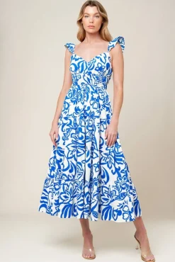 Gemma Ruffle Sleeve Floral Print Midi Dress Blue