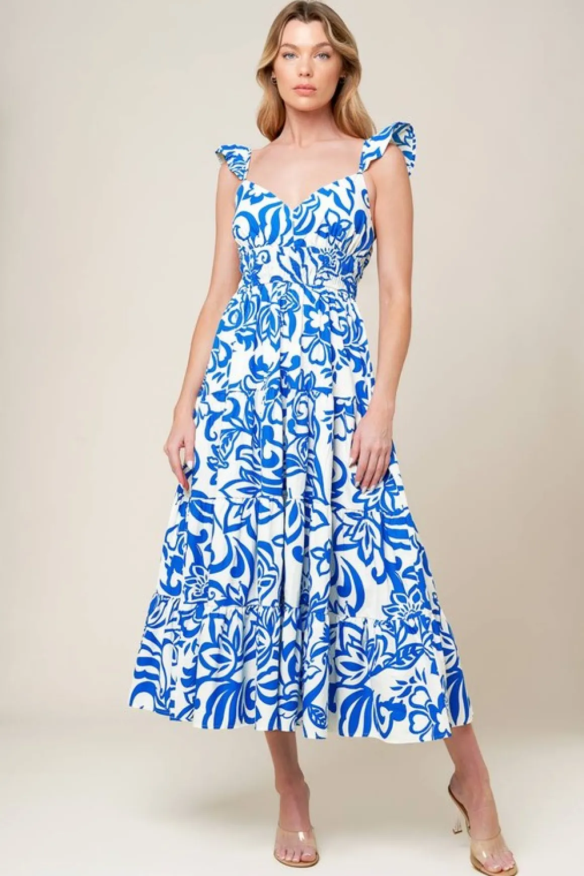 Gemma Ruffle Sleeve Floral Print Midi Dress Blue