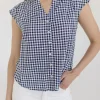 Georgia Cap Sleeve Button Down Cropped Gingham Top Navy