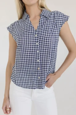 Georgia Cap Sleeve Button Down Cropped Gingham Top Navy
