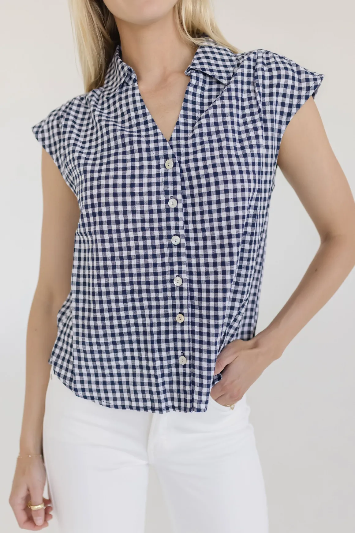 Georgia Cap Sleeve Button Down Cropped Gingham Top Navy