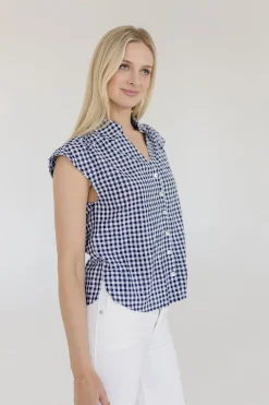 Georgia Cap Sleeve Button Down Cropped Gingham Top Navy