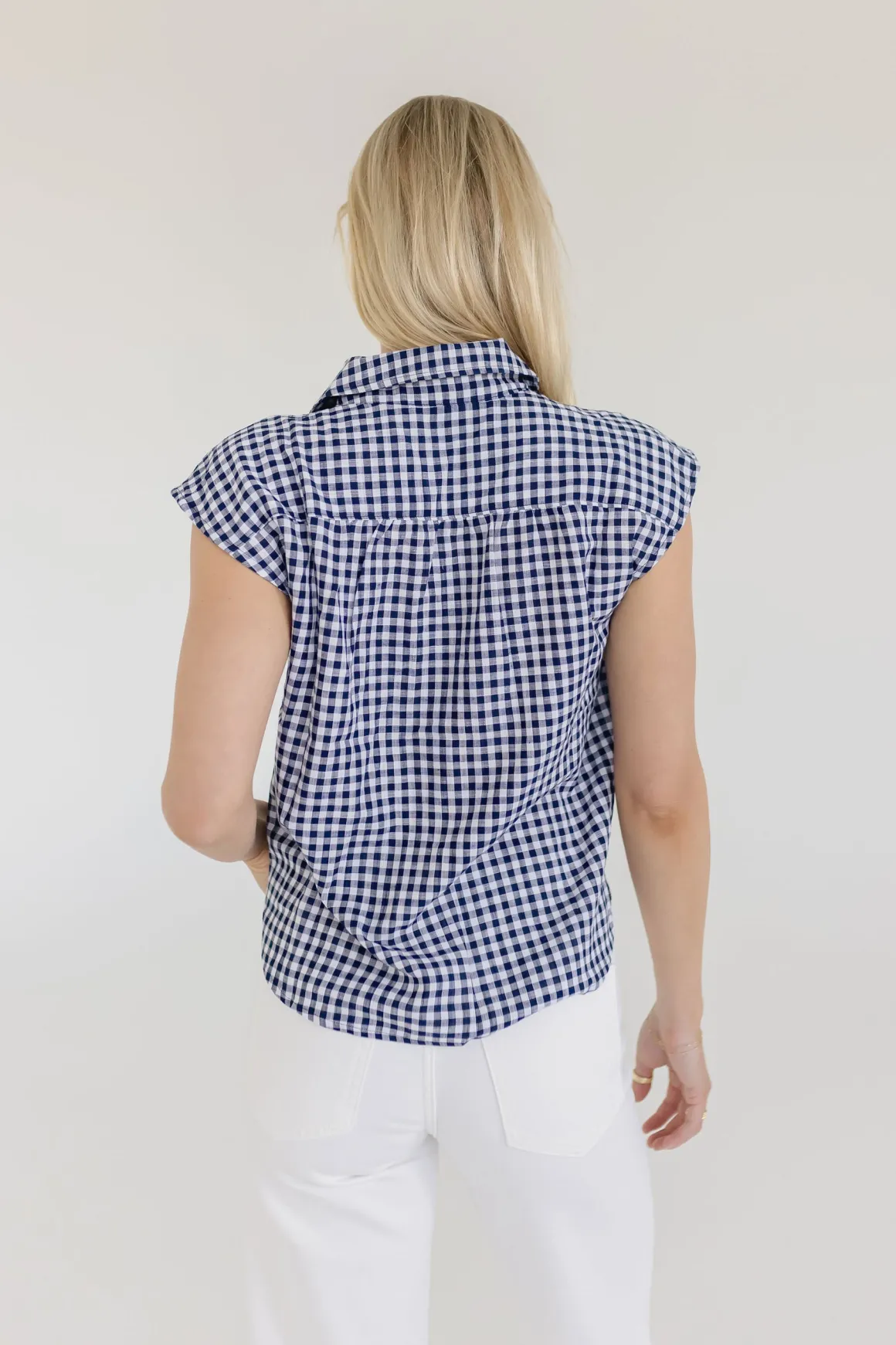 Georgia Cap Sleeve Button Down Cropped Gingham Top Navy